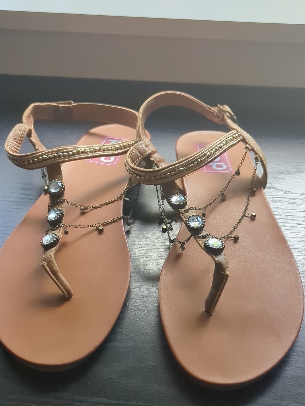 Embellished Tan T-Strap Women's Sandals with Chain Accents